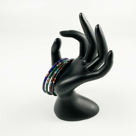 Lot of 4 Thin Chinese Floral Cloisonné Enamel Bangle Bracelets Stack Set - Picture 5 of 5